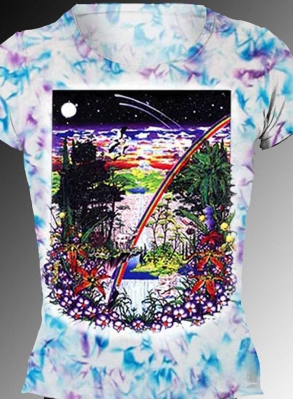 Ancient Forest T-shirt - Women's blue and purple crystallized, 100% cotton crew neck cut, short sleeve tee.