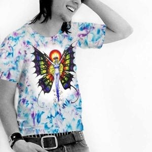Butterfly Lady T-shirt - Men's blue and purple crystallized, 100% cotton crew neck cut, short sleeve tee.