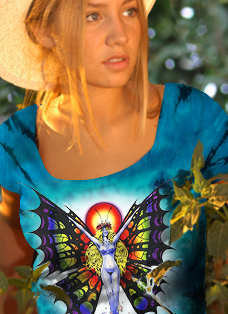 Butterfly Lady T-shirt - Women's blue tie dye, 100% cotton crew neck cut, short sleeve tee.