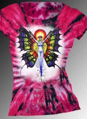 Butterfly Lady T-shirt - Fantasy art, women's pink tie dye, 100% cotton crew neck cut, short sleeve tee.