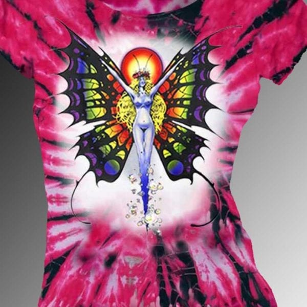 Butterfly Lady T-shirt - Fantasy art, women's pink tie dye, 100% cotton crew neck cut, short sleeve tee.