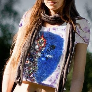 Lion from Zion Inspired by Carlos Santana T-shirt - Women's purple crystallized, 100% cotton crew neck cut, short sleeve tee.