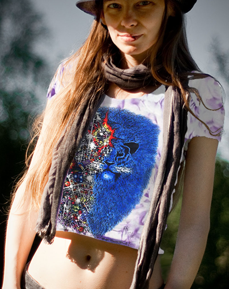 Lion from Zion Inspired by Carlos Santana T-shirt - Women's purple crystallized, 100% cotton crew neck cut, short sleeve tee.
