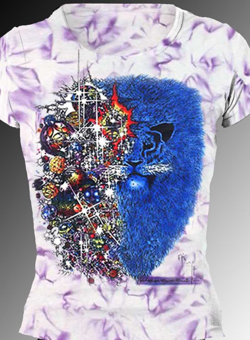 Lion from Zion Inspired by Carlos Santana T-shirt - Women's purple crystallized, 100% cotton crew neck cut, short sleeve tee.