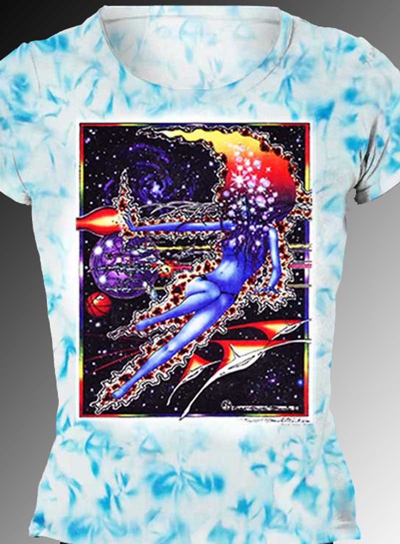 Space Maiden T-shirt - Women's blue crystallized, 100% cotton crew neck cut, short sleeve tee.