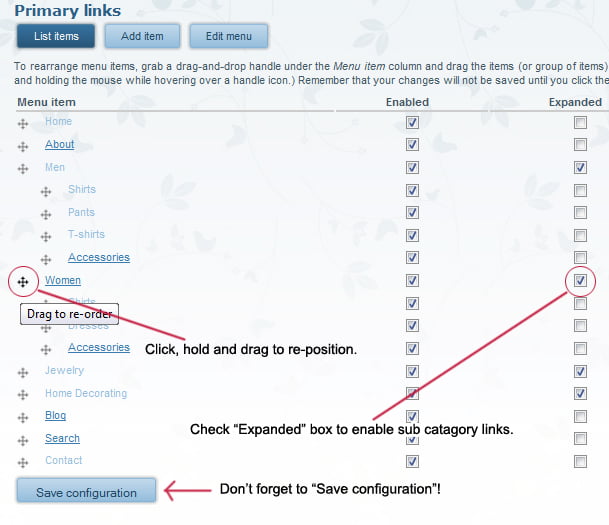 Drupal website CKeditor tutorial - Re-ordering links and enabling sub menu links.