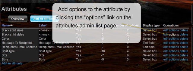 Ubercart 2 Product Attributes & Options - Add options to the attribute by clicking the "options" link on the attributes admin list page.