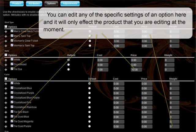 Editing an individual products "Options"