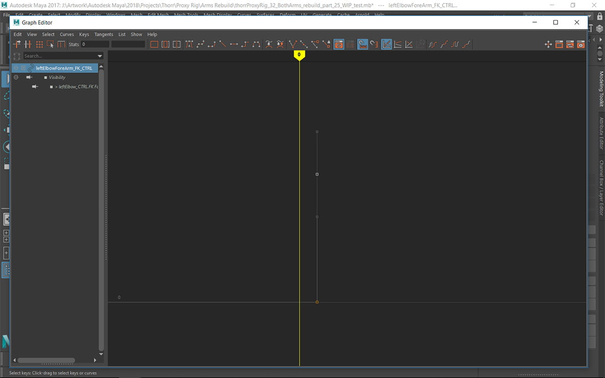 leftElbowForeArm_FK_CTRL with Tangents set to Spline.