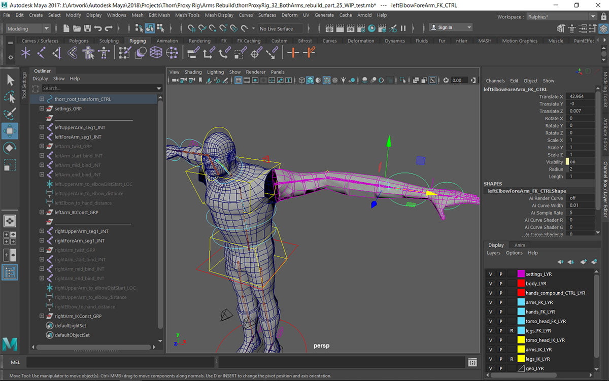 leftElbowForeArm_FK_CTRL with Tangents set to Spline.