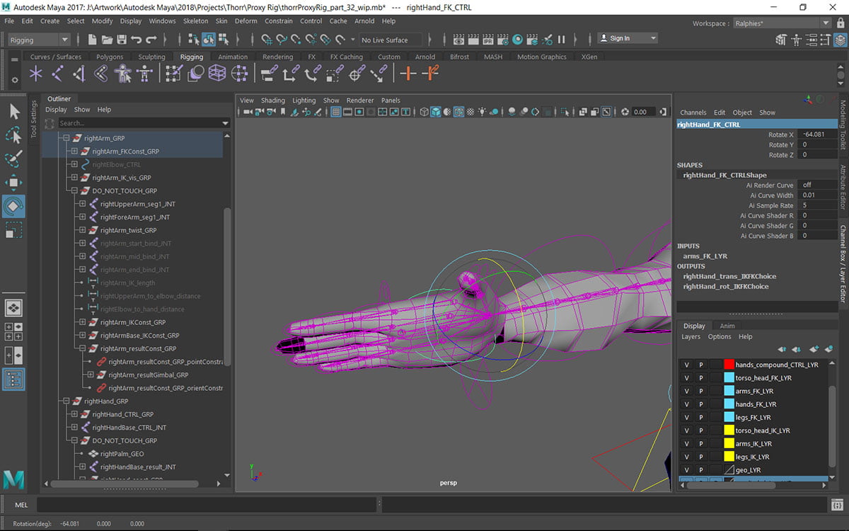 the rightHand_FK_CTRL is only working with a positive X rotation