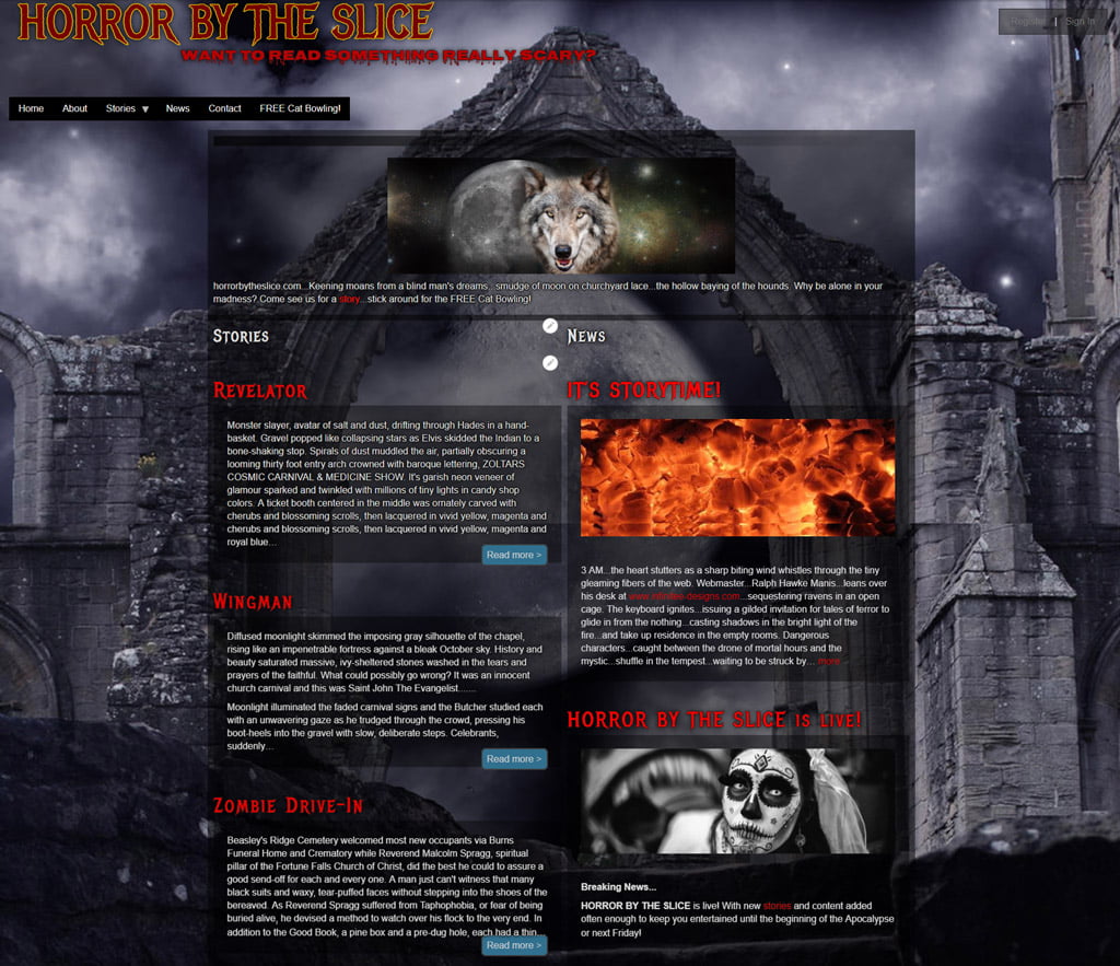 The Horror by the Slice Custom Drupal 8 website for author Sunni Ellis